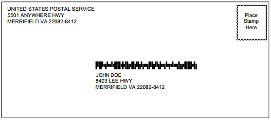 Envelope showing the USPS intelligent mail barcode above the mailing address.